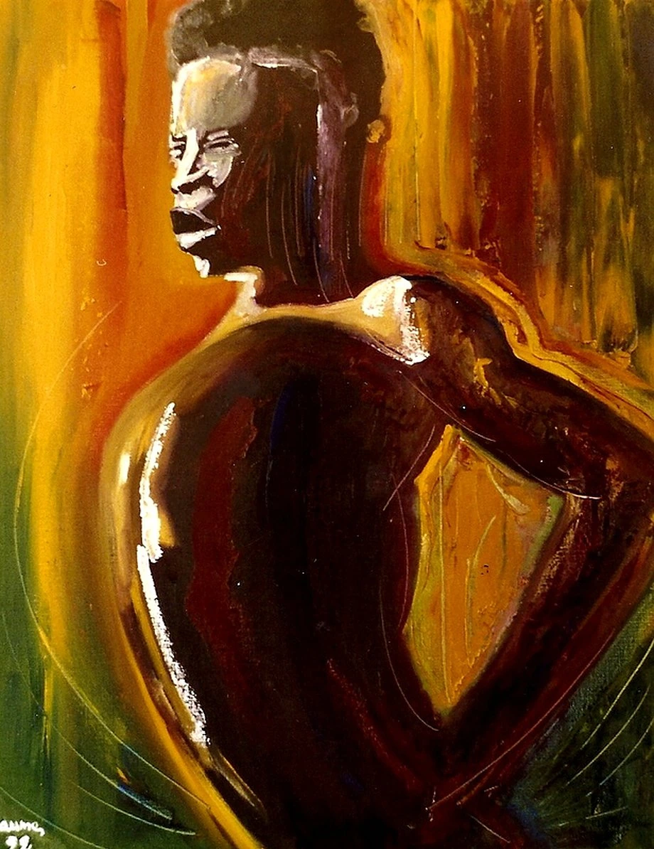 Peinture d’une femme sur un fond aux tons jaune, orange et vert.