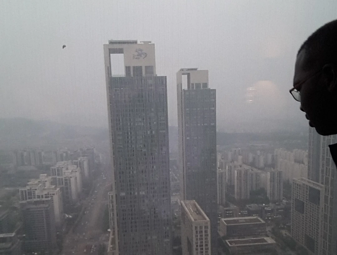 Vue de Shanghai sous un ciel gris, avec deux hautes tours et un personnage de profil.
